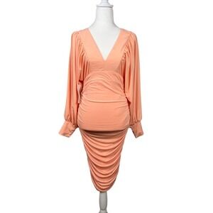 AX Paris Peach Ruched V‎ Neck Long Sleeve Midi Dress Size 10 NWT